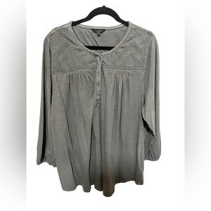 Lucky Brand 3X Embroidered Henley Women Olive Green Cotton Shirt Boho Artsy